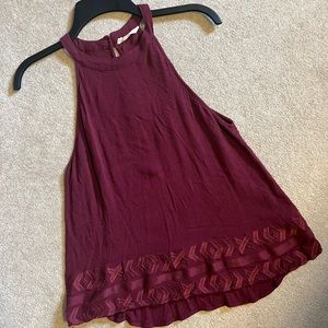 Juniors large Maroon solid tank top tribal print halter Scoop style rayon